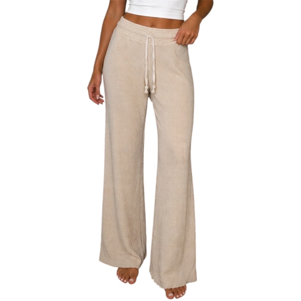 American Eagle Cream Waffle Knit Wide‎ Leg Lounge Pants Drawstring Size Medium